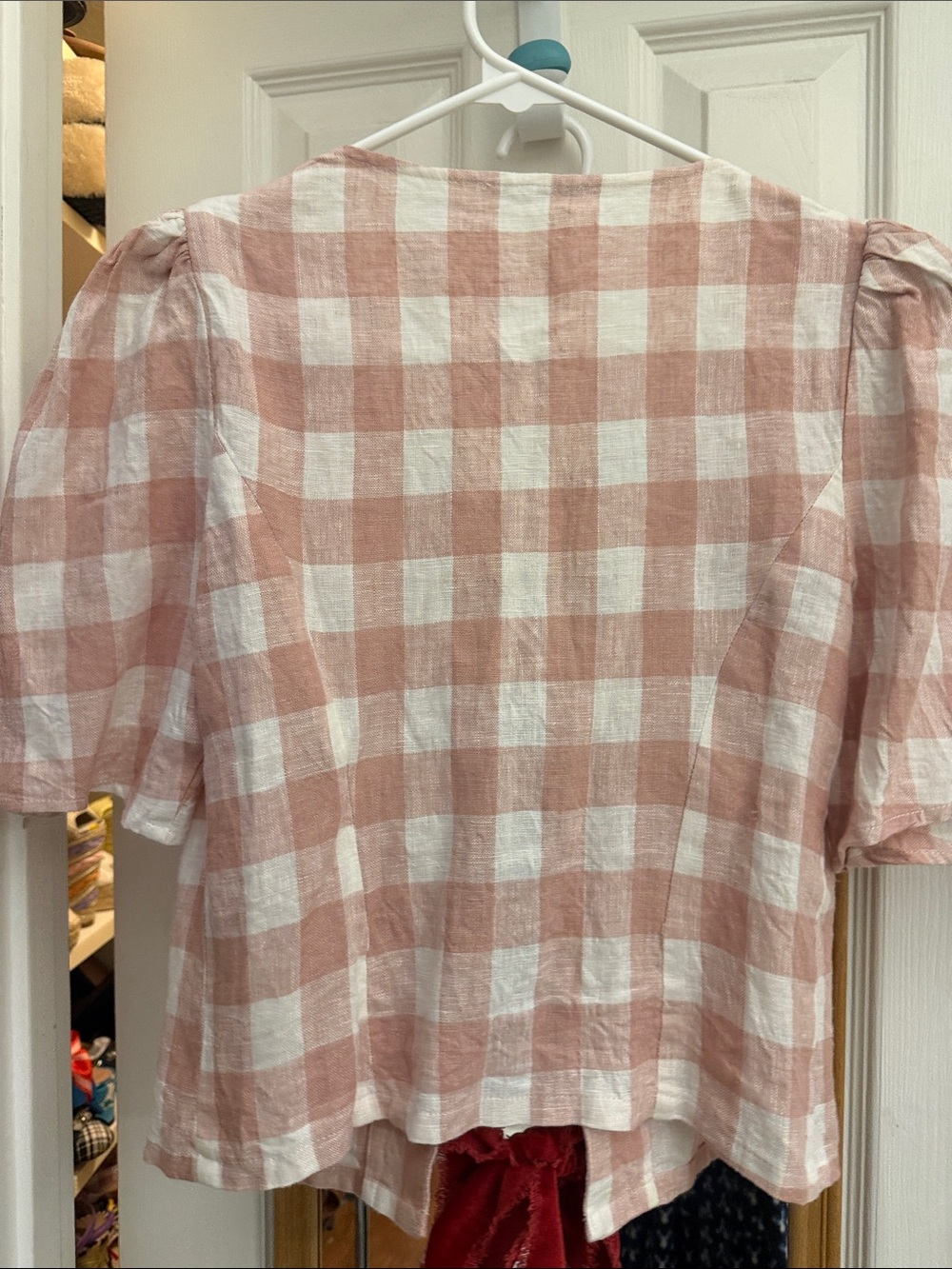 Reformation Pink and White Gingham Puff Sleeve top Red velvet Ribbon Front Ties - Picture 6 of 6